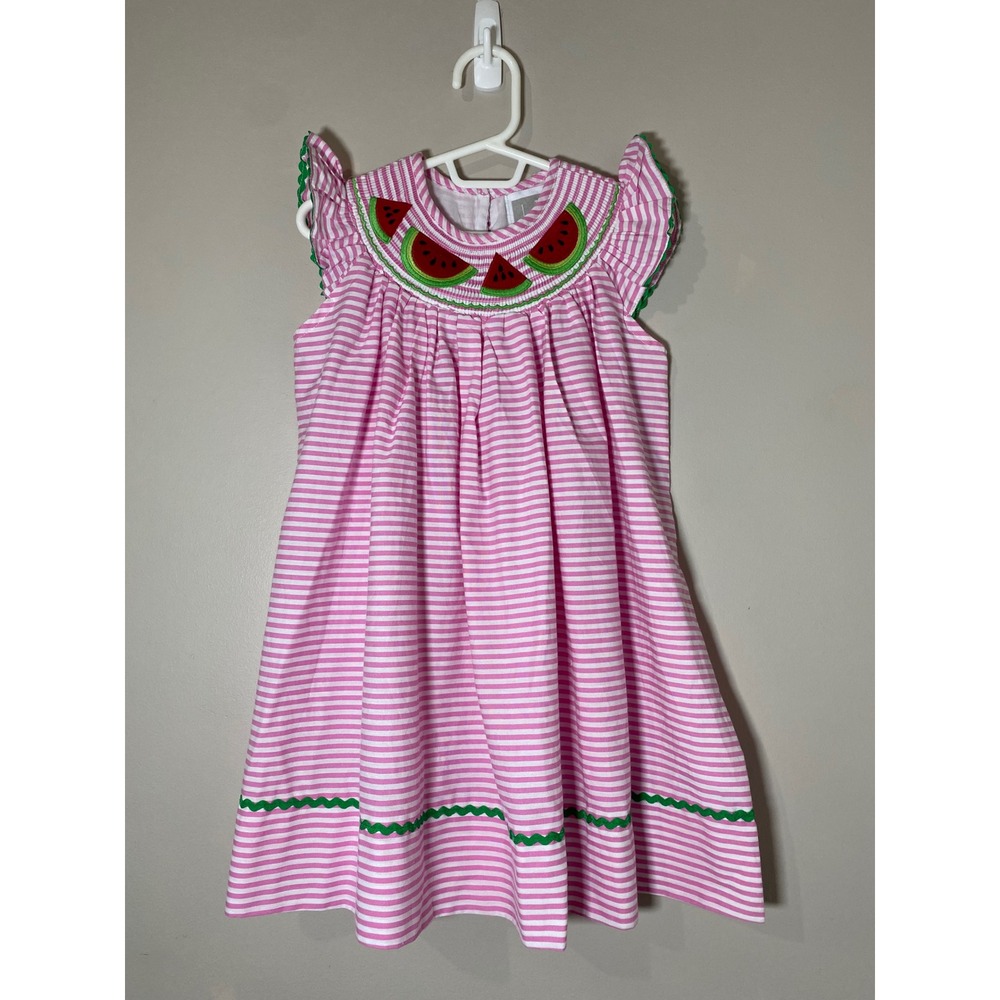 Lil Cactus EUC Girls Pink Striped Smocked Watermelon Dress Size 3T Cotton Summer